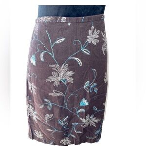 Giorgio Fiorlini Y2K linen blend brown ladies skirt‎ size 12 floral pattern knee